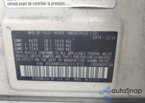 2010 Subaru Legacy 2.5I Premium z USA, uszkodzony, nr VIN 4S3BMBG60A3227823